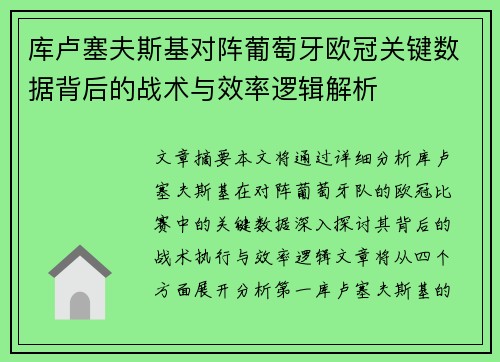 库卢塞夫斯基对阵葡萄牙欧冠关键数据背后的战术与效率逻辑解析