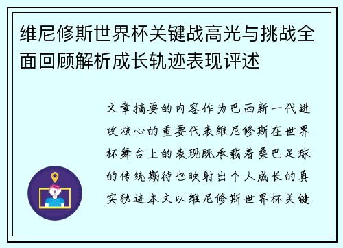 维尼修斯世界杯关键战高光与挑战全面回顾解析成长轨迹表现评述
